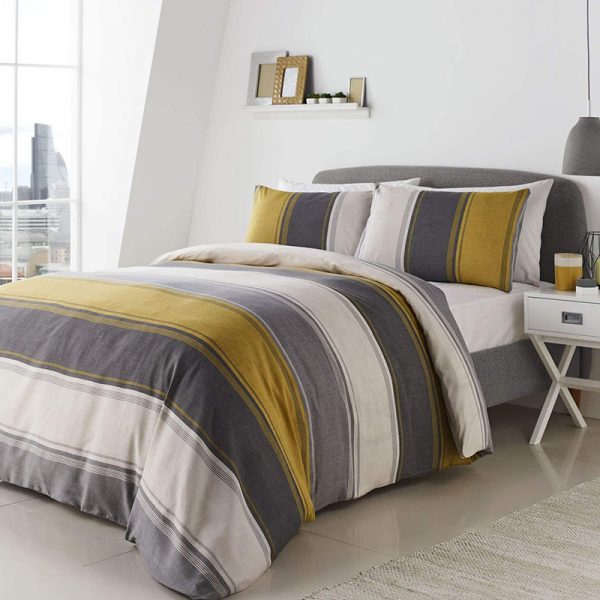 grey and yellow duvet cover set striped pattern reversible