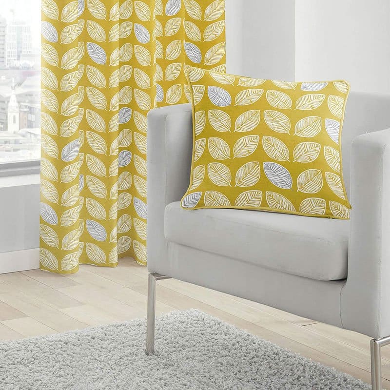 Delft Yellow Leaf Print Eyelet Curtains by Fusion - Image 4
