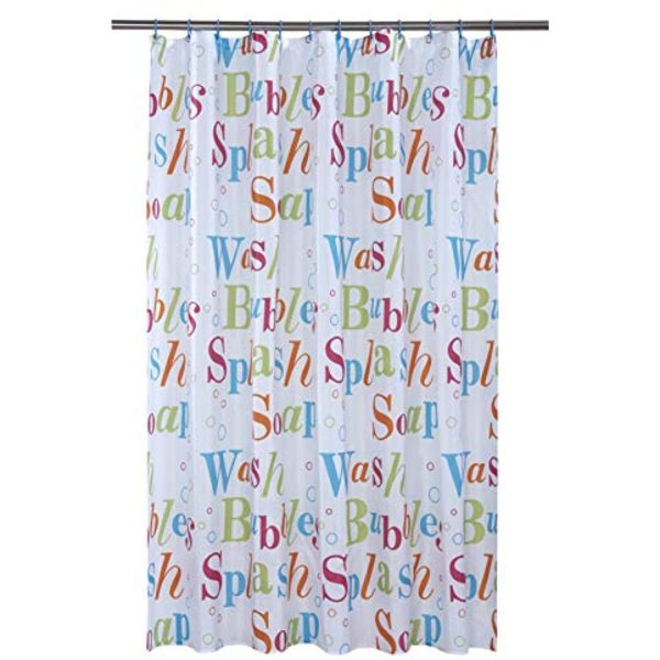white shower curtain with colourful letters