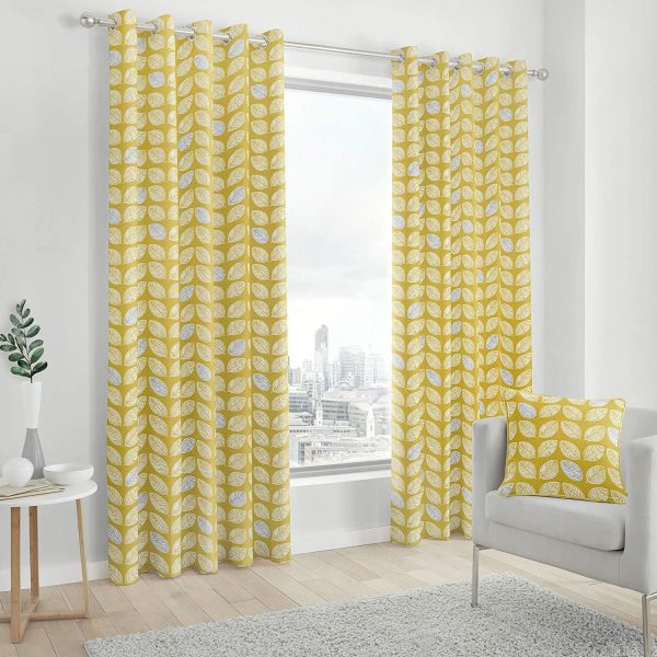delft yellow leaf print curtains