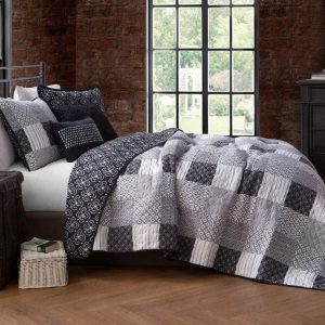 jumana quilted patchwork bedspread in black grey and white