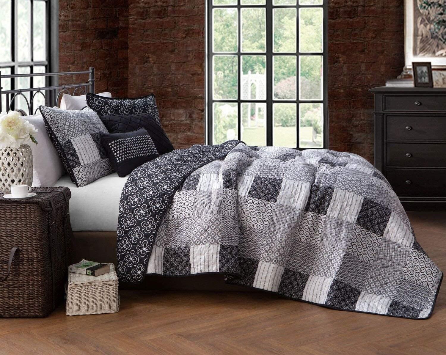 jumana quilted patchwork bedspread in black grey and white