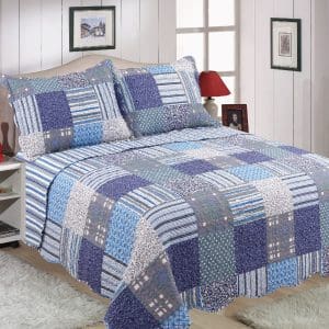 blue patchwork quilted check blue bedspread by restmor