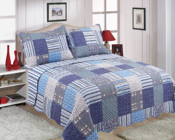 blue patchwork quilted check blue bedspread by restmor