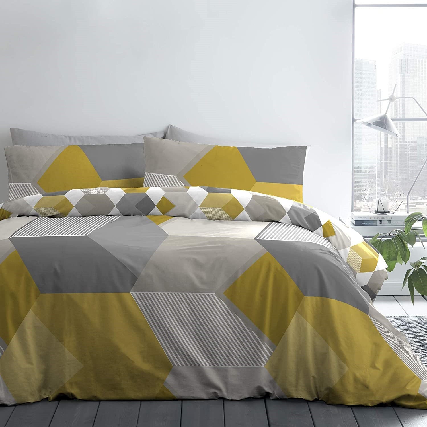Hexagon Yellow & Grey Duvet Cover Set