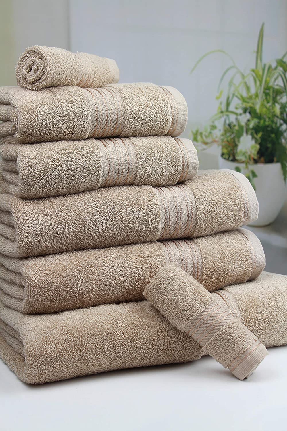 Supreme 7 Piece Towel set Bale in Latte color, premium egyptian cotton towels for bathroom luxury, includes hand towels, bath towels, and face cloths, perfect for elegant home decor.