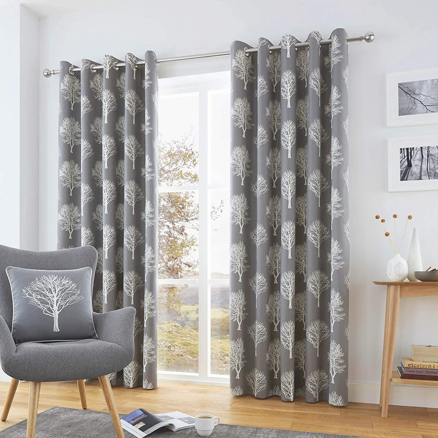 woodland tree curtains grey