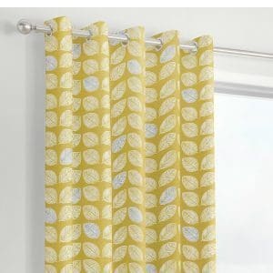 Delft Yellow Leaf Print Eyelet Curtains by Fusion