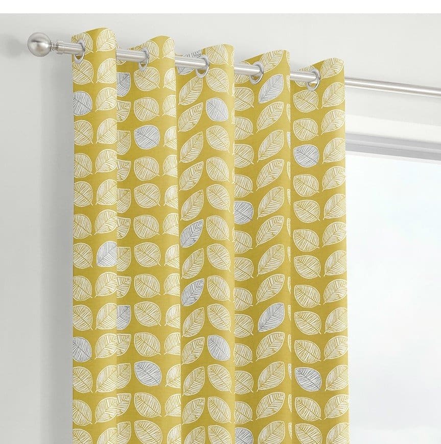 Delft Yellow Leaf Print Eyelet Curtains by Fusion