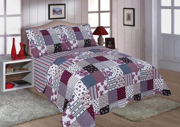 Freya Quilted Reversible Bedspread patchwork maroon
