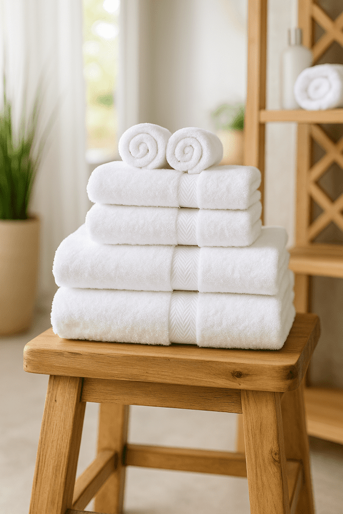 luxor white towels 600gsm thick rolled and staged on a bathroom stool. towels are stacked and have a chevron border design. spa like setting