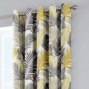 Tropical Leaf Print Ochre and Grey Eyelet Curtains by Fusion