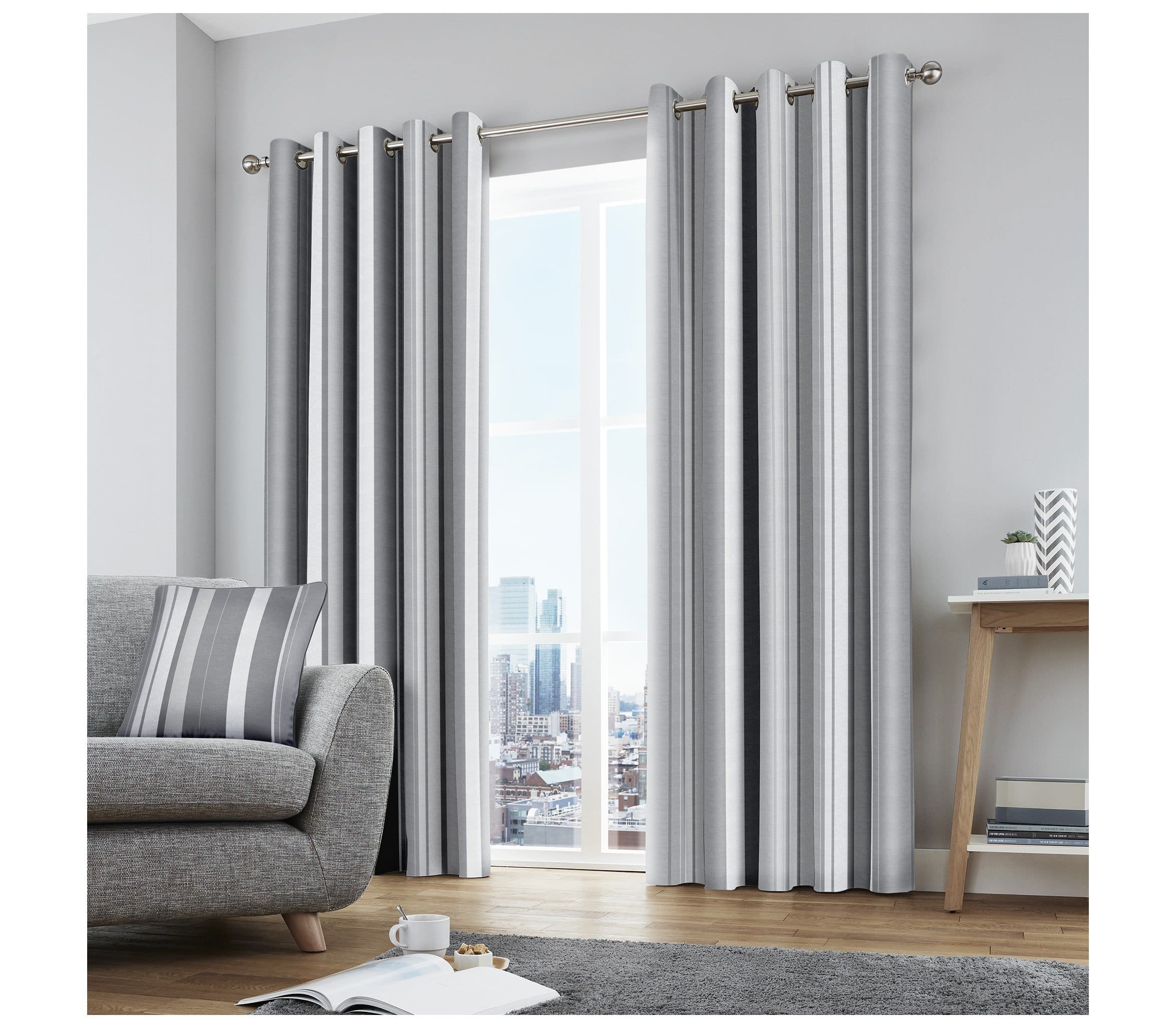 Whitworth Stripe Grey Pair Eyelet Curtains by Fusion