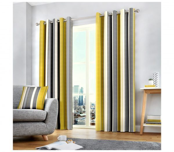 whitworth yellow and grey striped ring top curtains