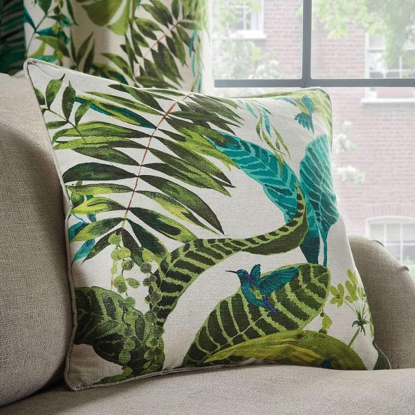 dunelm cushion floresta tropical leaf cushion cover with hummingbrid and palm leaf pattern green print on a natural colour background