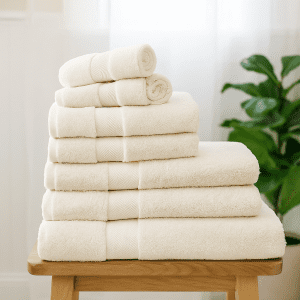 luxor cream bath towels face cloths hand towels and large bath sheets on wooden stool