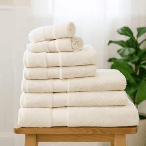 luxor cream bath towels face cloths hand towels and large bath sheets on wooden stool