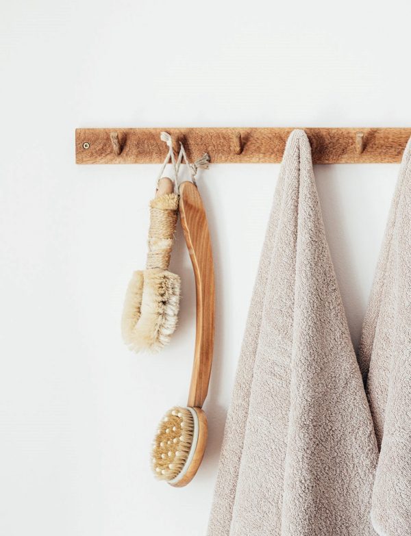 latte towels hanging on towel hook