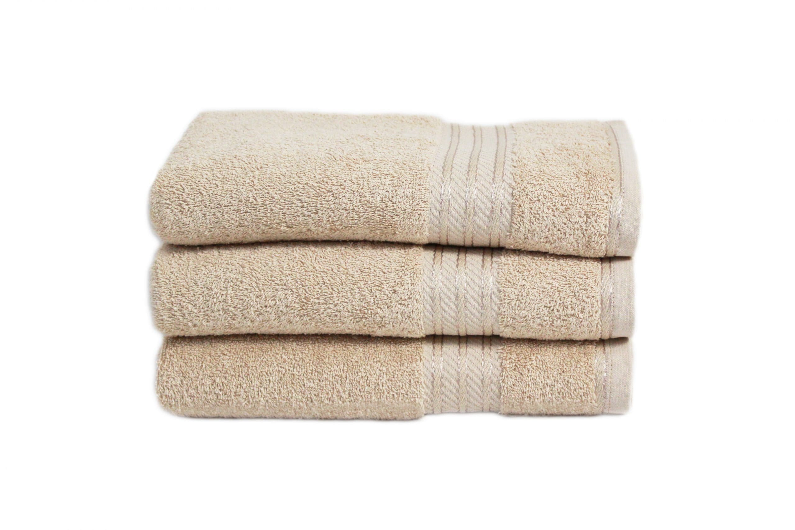 latte bath towels egyptian cotton supreme 500 gsm multi pack plain with sateen striped border. camel tan colour soft and absorbent