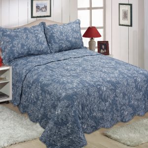 dark blue bed spread bedding cover set white floral embroidered stitching