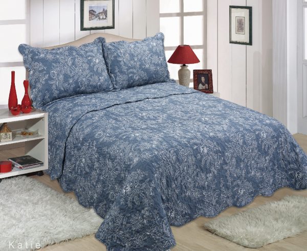 dark blue bed spread bedding cover set white floral embroidered stitching