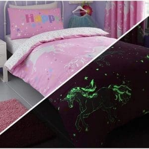 pink unicorn glowing kid's duvet cover sets bedlam