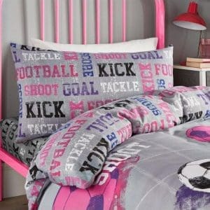 football duvet cover set in single and double size pink and grey reversible pattern