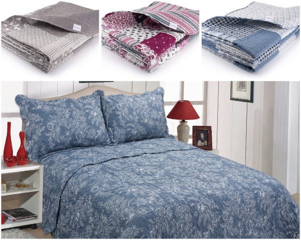 quilted bedspreads grey, blue, purple. patchwork bed covers, floral designs