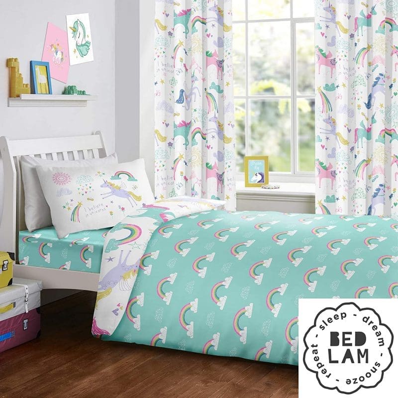 kids bedding rainbow pattern with unicorns