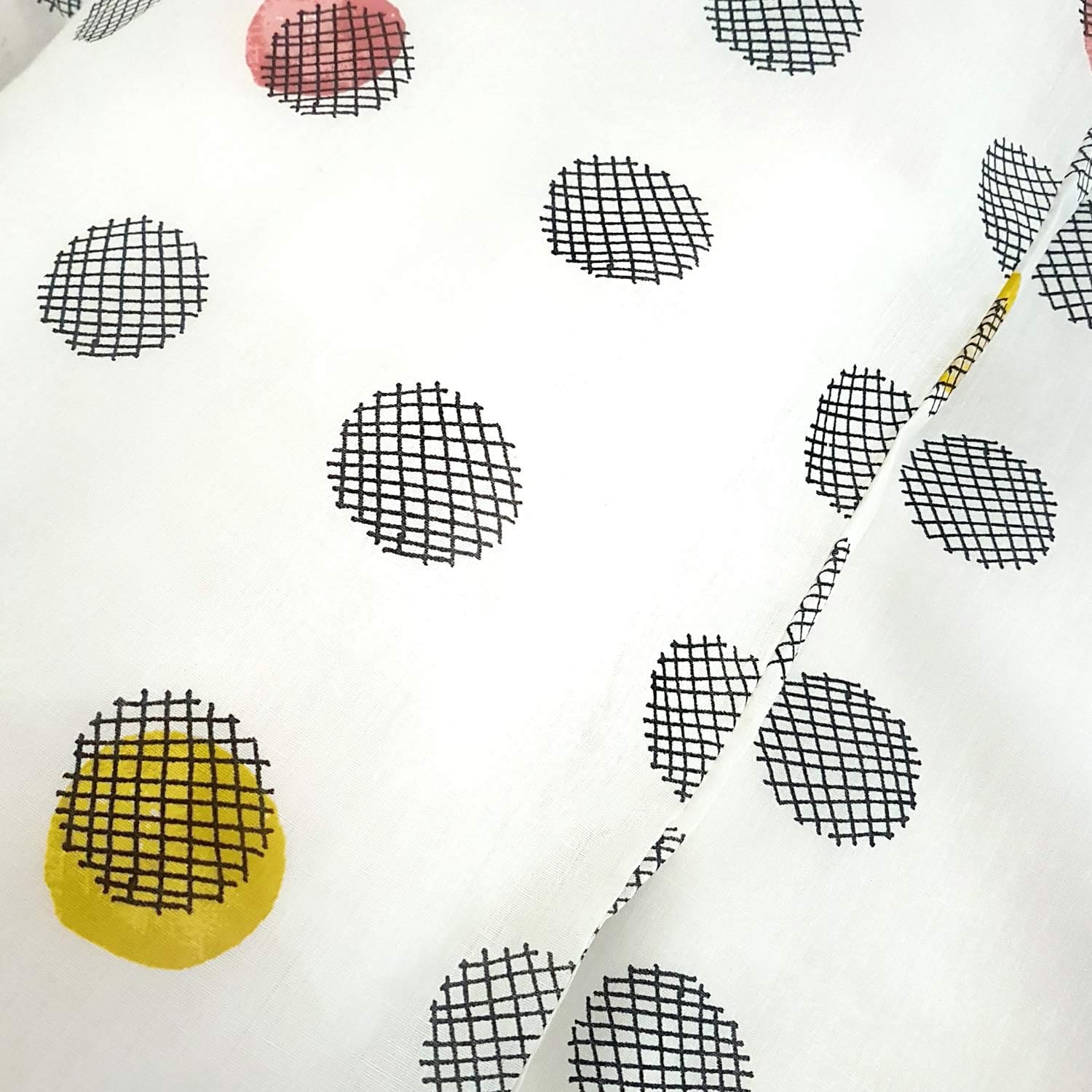 close up of the pattern on bed set white background with yellow spots