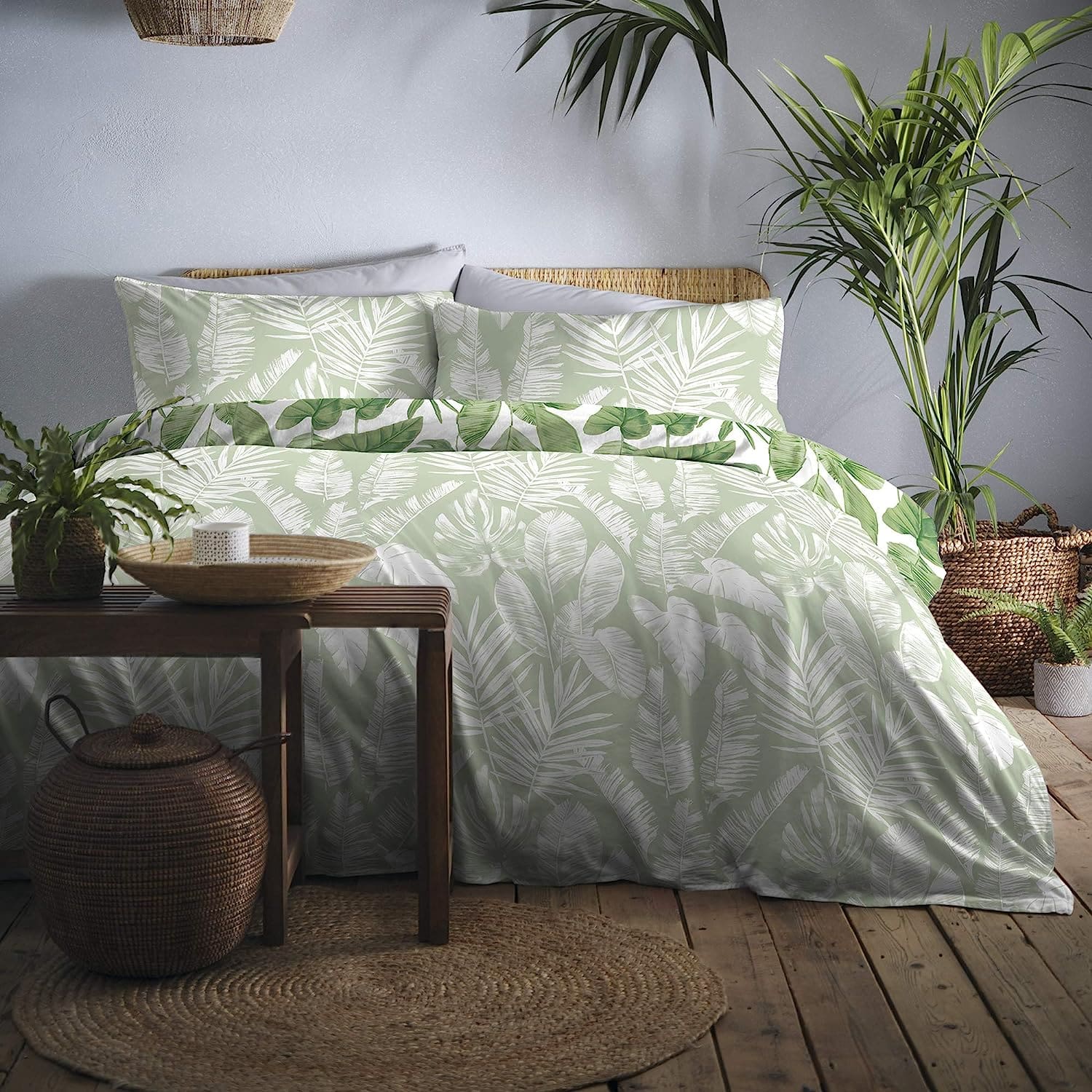 reversible duvet cover set green leafs