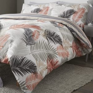 tropical duvet cover set copper & grey palm leaves with reverse stripe
