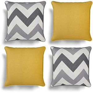 Set of 4 Grey & Ochre Cushion Covers, Pack of Four Matching Chevron Stripe and Plain Design Cotton Cushion Covers, Piped Trim Cushion Cases, Sofa Chair Throw Pillow Cases, 17" x 17", 43cm x 43cm