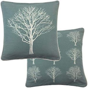 2 X Forest Trees Duck Egg Blue White 100% Cotton Piped Cushion Cover 17" - 43CM