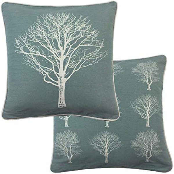 2 X Forest Trees Duck Egg Blue White 100% Cotton Piped Cushion Cover 17" - 43CM