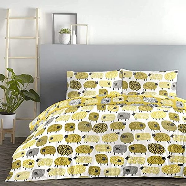 Sheep Duvet Cover Set in Yellow and white reversible pattern. Crazy sheeps all over the place, fun bed set for adults and children. Includes pillowcases. Easy care Poly cotton. - Image 2