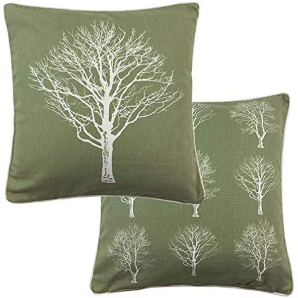 2 X FOREST TREES GREEN WHITE 100% COTTON PIPED CUSHION COVER 17" - 43CM