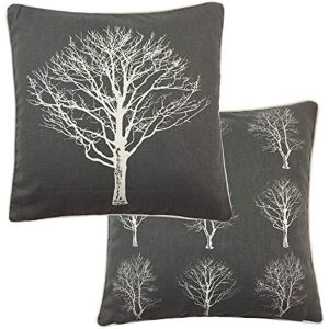 2 X FOREST TREES GREY WHITE 100% COTTON PIPED CUSHION COVER 17" - 43CM