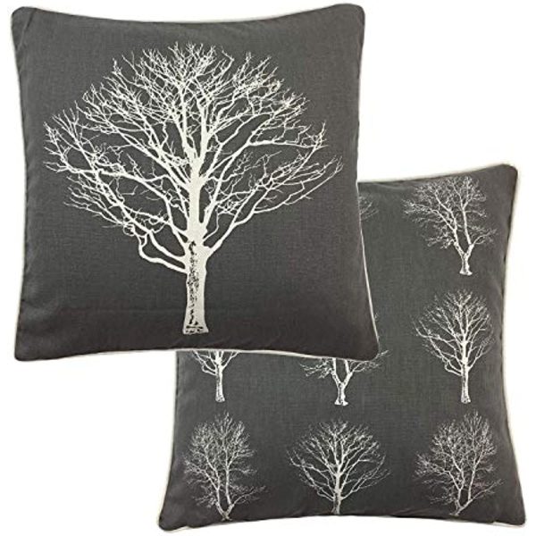 2 X FOREST TREES GREY WHITE 100% COTTON PIPED CUSHION COVER 17" - 43CM
