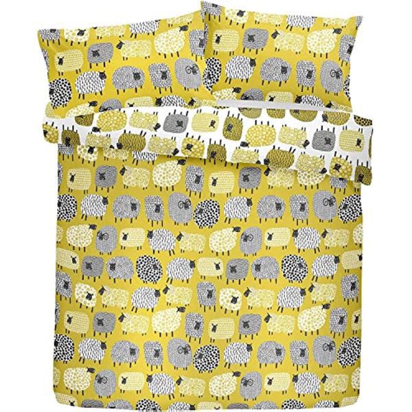 Sheep Duvet Cover Set in Yellow and white reversible pattern. Crazy sheeps all over the place, fun bed set for adults and children. Includes pillowcases. Easy care Poly cotton. - Image 3