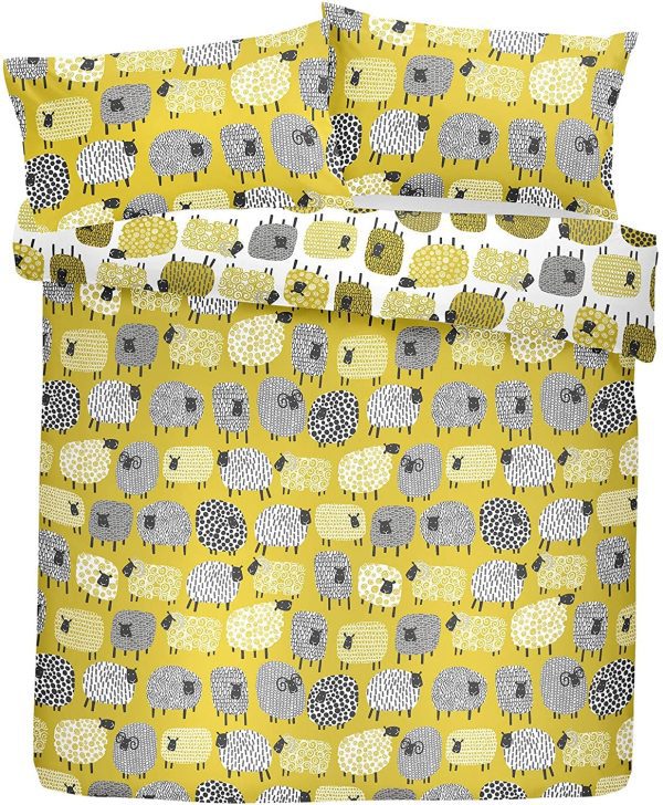 Sheep Duvet Cover Set in Yellow and white reversible pattern. Crazy sheeps all over the place, fun bed set for adults and children. Includes pillowcases. Easy care Poly cotton. - Image 9