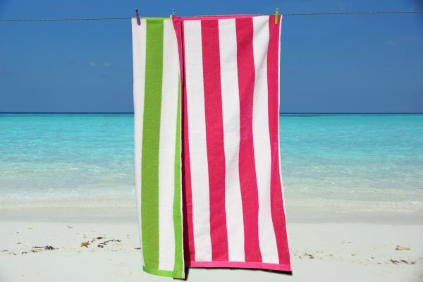 large beach towels on sale pink and white stripe velour front with green and white reverse