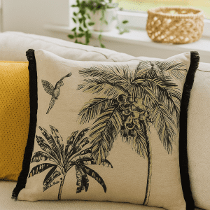 Amazonia black and gold tropical cushion cover 43x43cm with tassels