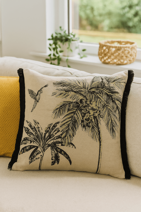 Amazonia black and gold tropical cushion cover 43x43cm with tassels