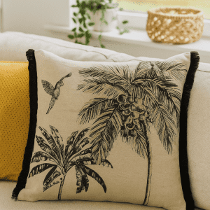 Amazonia black and gold tropical cushion cover 43x43cm with tassels