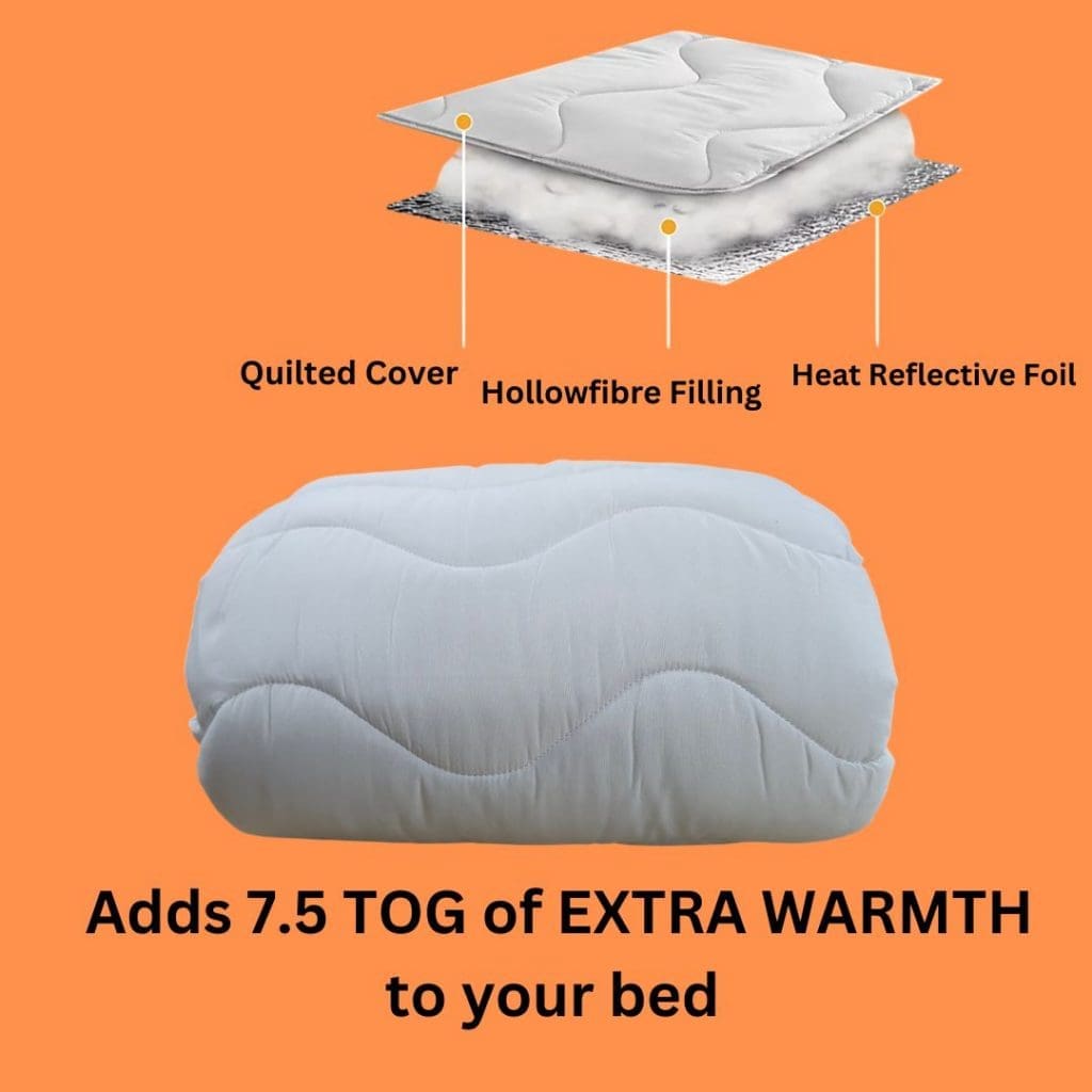 self heating mattress topper thermal lined with heatig foil for extra warmth. adds an extra 7.5 togs of warmth to yuor bedding
