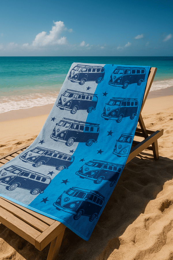 blue beach towel with camper van pattern at sunny beach on sunlounger