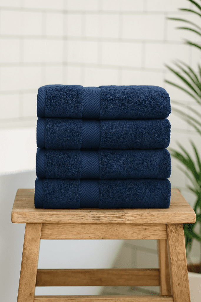 Luxury navy blue bath towels – 600 GSM combed cotton with chevron border design