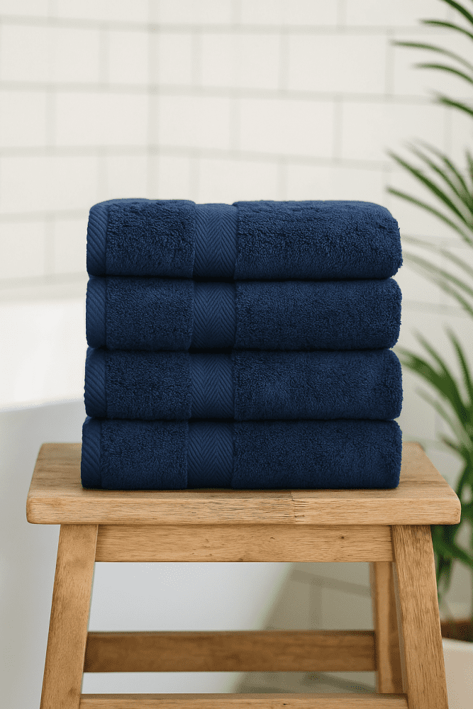 Luxury navy blue bath towels – 600 GSM combed cotton with chevron border design