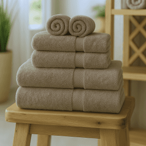 luxor 600 gsm cotton spa towels mink colour face cloths hand towels bath towels rolled up on wooden stool